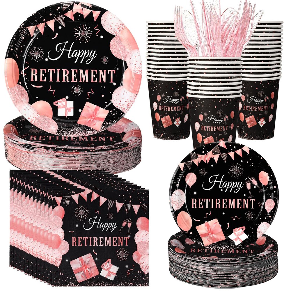 Sunnychicc 50 Guests Happy Retirement Party Paper Plates Napkins and Cups