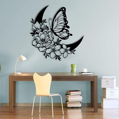 Butterfly & Moon Metal Wall Art - Unique Metal Artwork for Home DcorMoon Over the Bed DecorMetal Butterfly Wall Decor,Metal Moon Wall Decor (Butterfly & Moon-black-black, 39"x 39"/100x100 cm)