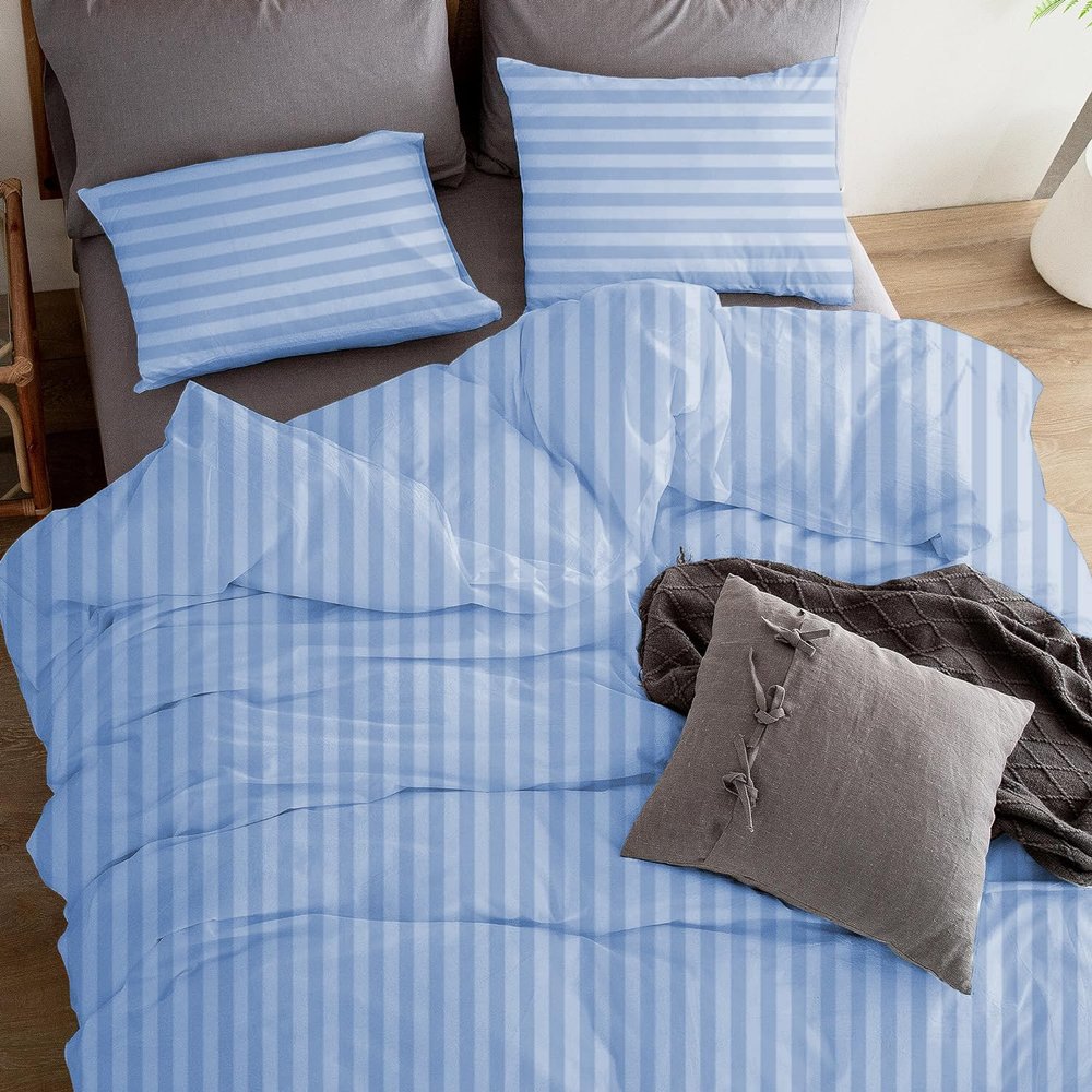 1Pcs 100% Egyptian Cotton Duvet Cover 1000 TC Soft Smooth Hotel Luxury Bedding Duvet Cover with Zipper Closure and Corner Ties Oversized Queen Size (98" x 98") Inch, Light Blue Stripe