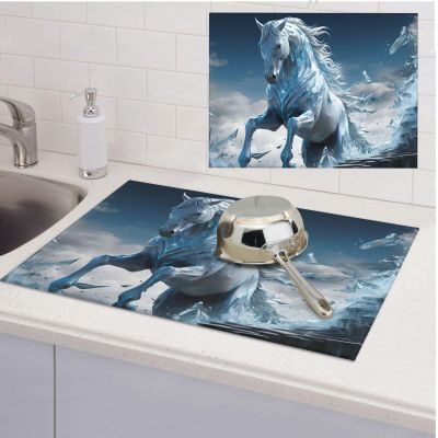 Dish Drying Mat Absorbent Drying Mats for Kitchen 18" 24" Blue Ice Horse Drying Mat Counter Dish Drainer Mats Non-slip Coffee Mat Dish Drying Pads for Rack Draining