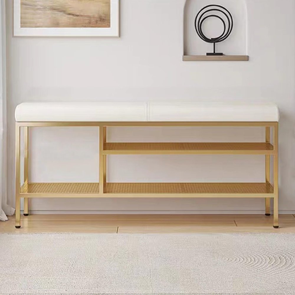 GUAWJRZDP 2-tier Shoe Bench, Shoe Rack Bench, Shoe Storage Bench, with Leather Cushion, Entryway Bench Metal Frame, with Anti-slip Mats, for Entryway Living Room, Balcony, Hallway(Color:Off-white+gold