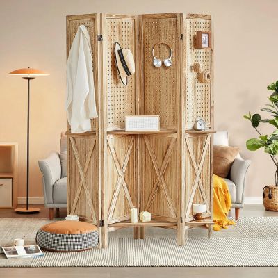 Aleesing 4 Panel Pegboard Display with 16 Hooks, Wooden Pegboard Room Divider Wall with Shelf, Partition Room Dividers and Folding Privacy Screens, Bedroom, Jewelry Store, Natural