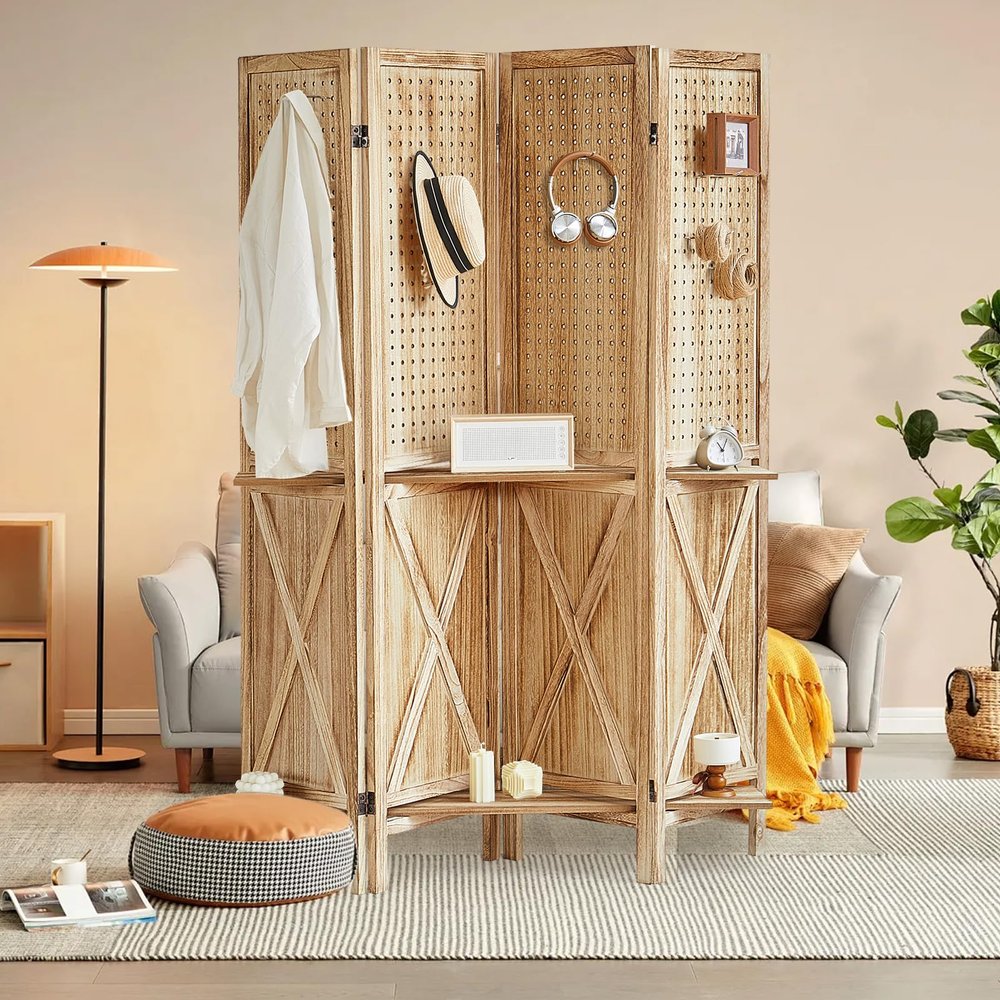 Aleesing 4 Panel Pegboard Display with 16 Hooks, Wooden Pegboard Room Divider Wall with Shelf, Partition Room Dividers and Folding Privacy Screens, Bedroom, Jewelry Store, Natural