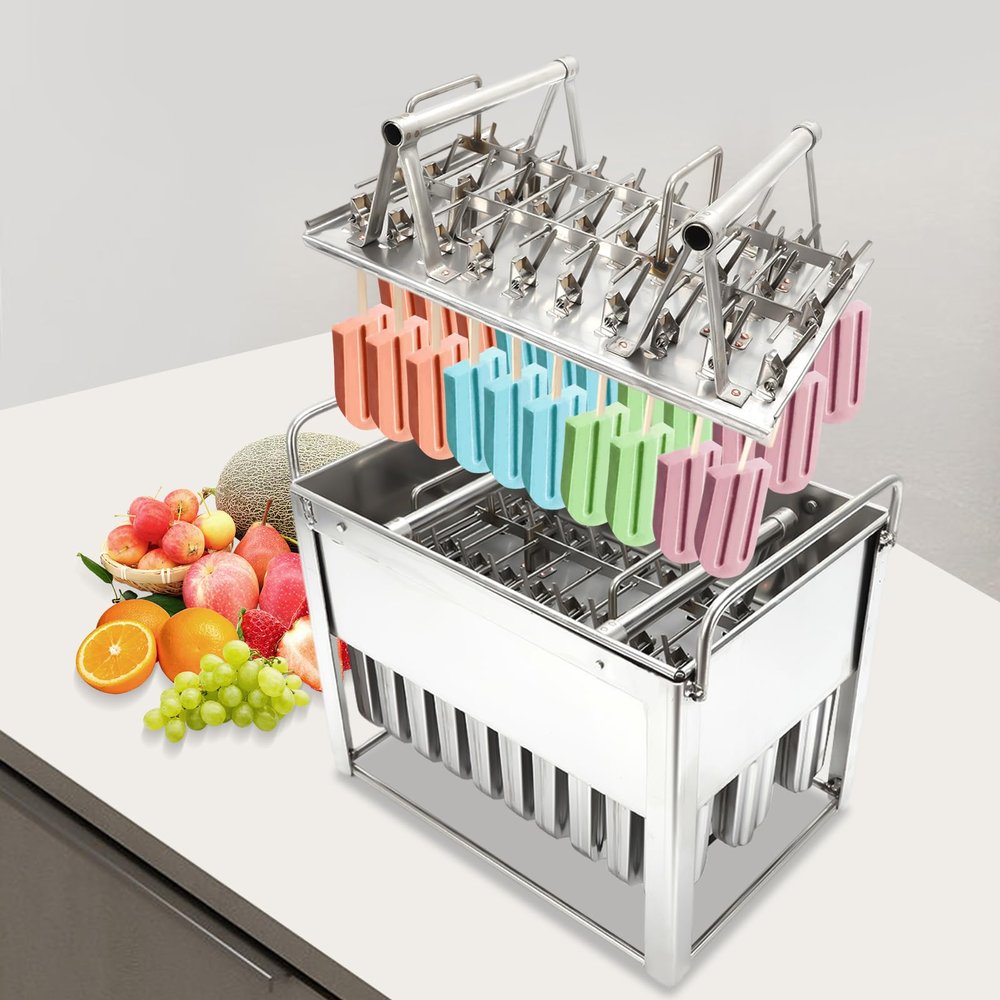 Stainless Steel Ice Cream Molds, Commercial Ice Pop Molds 30PCS Metal Ice Lolly Mold Ice Cream Maker Mold Stick Holder with Lid Single Cup Capacity 85g-Round Head Double Slot
