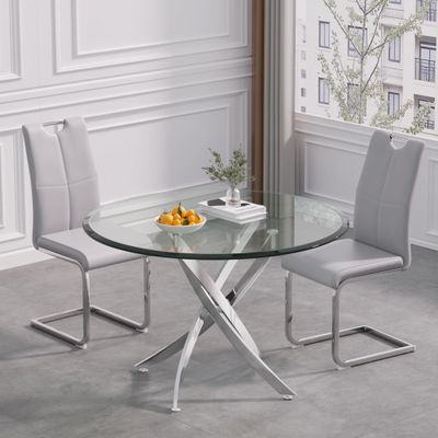 KUVADAZ Glass Dining Table Set for 2, 3 Piece Kitchen Table Set, 36" Round Silver Glass Dining Room Table Set, Modern Kitchen and Dining Room Table Set with 2 Grey PU Leather Dining Chairs