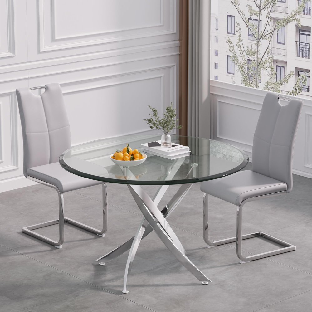 KUVADAZ Glass Dining Table Set for 2, 3 Piece Kitchen Table Set, 36" Round Silver Glass Dining Room Table Set, Modern Kitchen and Dining Room Table Set with 2 Grey PU Leather Dining Chairs