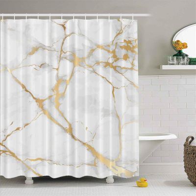 EMMTEEY Gold White Marble Shower Curtain,Abstract Fabric Shower Curtain for Bathroom,Modern Ink Art Decor Waterproof Curtains Set with Hooks,72X72 Bathroom Accessory