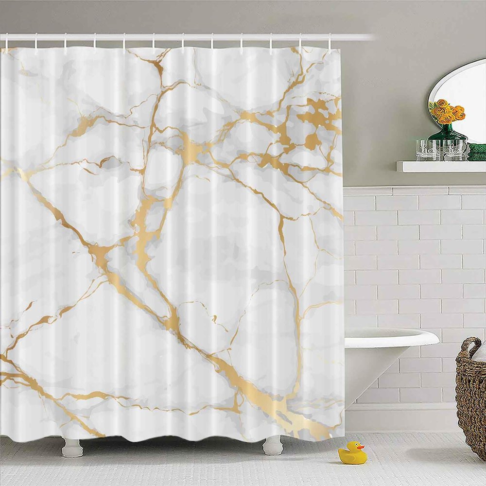 EMMTEEY Gold White Marble Shower Curtain,Abstract Fabric Shower Curtain for Bathroom,Modern Ink Art Decor Waterproof Curtains Set with Hooks,72X72 Bathroom Accessory