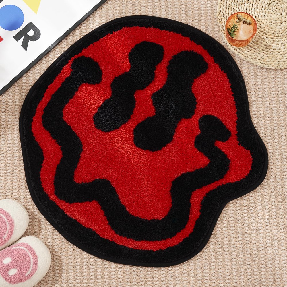 ELDONE Trippy Happy Face Bath Mat - Red Non-Slip, Cute Fun Trendy Rug for Bedroom Bathroom