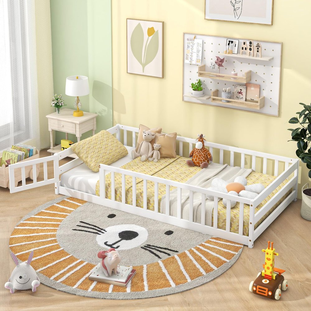 GIANTEX Twin Floor Bed for Kids, Wood Montessori Bed with Safety Guardrails, Floor Bed Frame for Kids, Boys, Girls, No Box Spring Needed, White