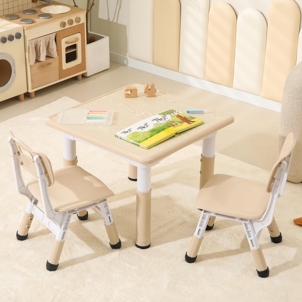 SINKIPA Kids Table and Chairs Set, 23.6''L x 23.6''W Toddler Table and Chairs, Height Adjustable Kids Study Table for Ages 2-10, Graffiti Desktop Children Activity Table with Anti-Slip Foot Covers