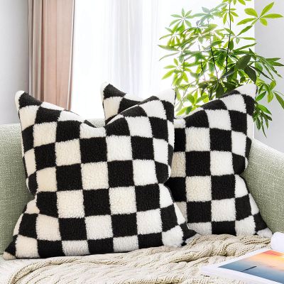 AmHoo Pack of 2 Decorative Throw Pillow Covers Checkerboard Luxury Super Soft Faux Fur Wool Set Case Cushion for Couch Sofa Bedroom 22 x 22-Inch Black