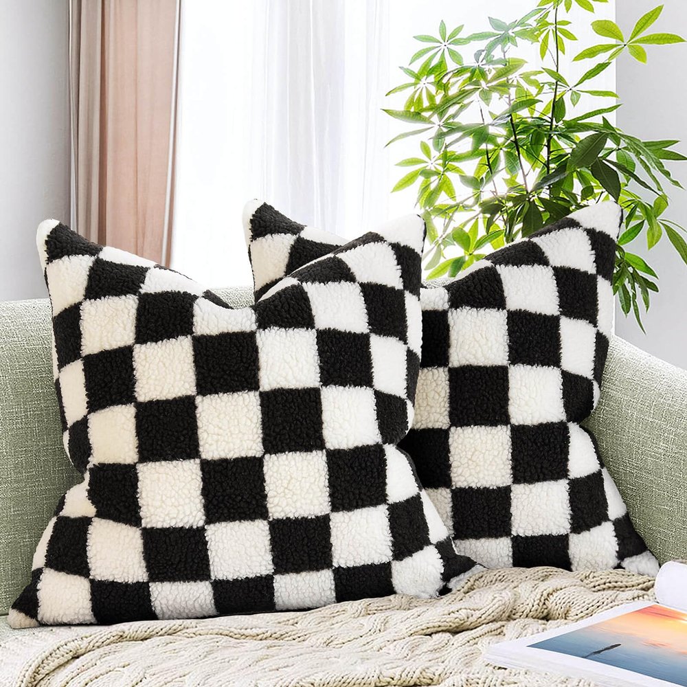 AmHoo Pack of 2 Decorative Throw Pillow Covers Checkerboard Luxury Super Soft Faux Fur Wool Set Case Cushion for Couch Sofa Bedroom 22 x 22-Inch Black