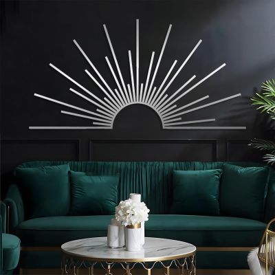 Sun Metal Wall Art, Metal Sun Wall Decor, Sunrise Wall Art, Sunshine Metal Sign, Minimalist Line Art Wall Decor, Beach Wall Decor, Wall Art for Over Bed, Large Metal Sun Outdoor Wall Art (27"x53"|68x135cm, Silver)