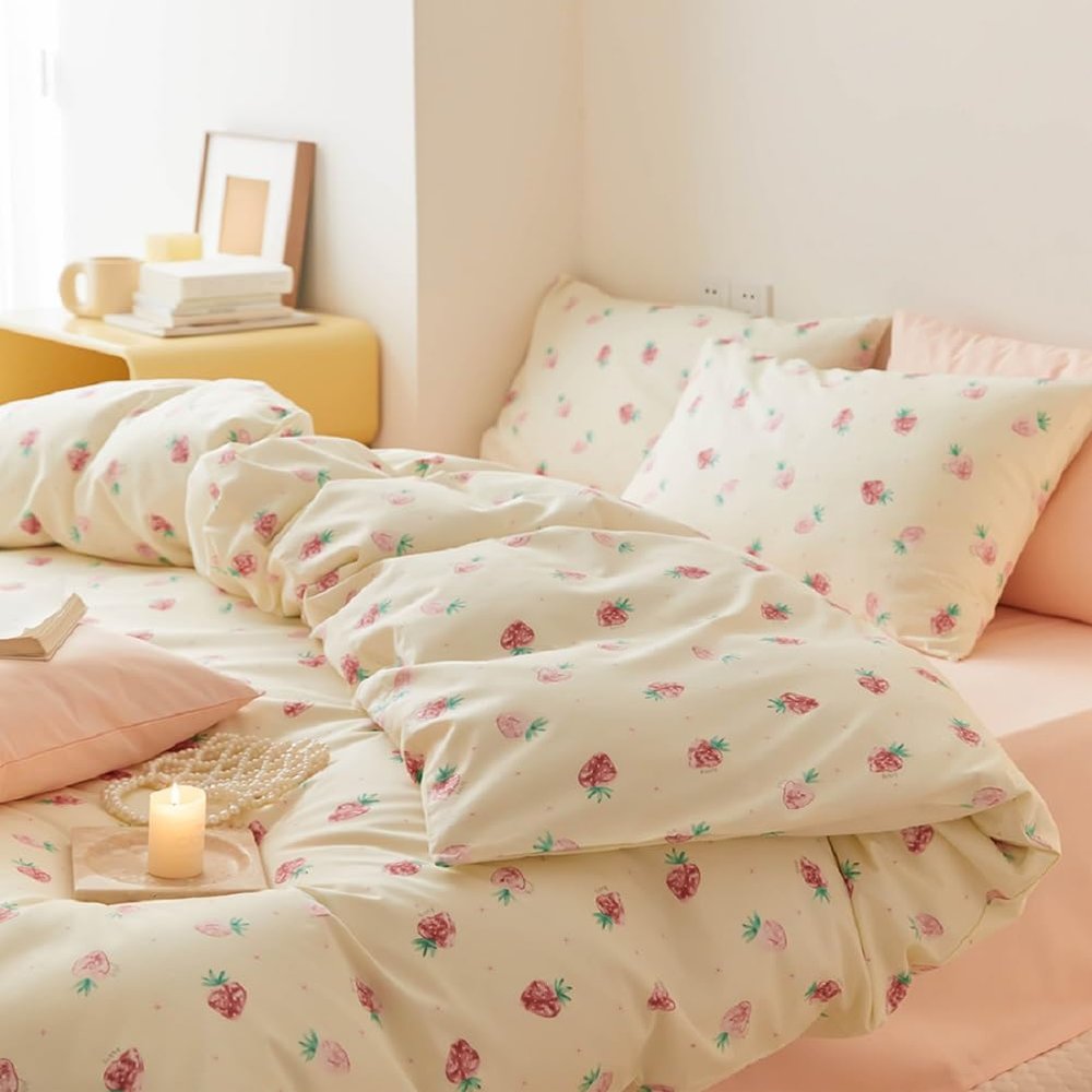 Nayoroom Strawberry Duvet Cover Set Queen Size Girls Cute Pink Strawberries Kawaii Comforter Cover 3 Pieces Soft Lightweight Microfiber Cream White Bedding with Zipper Closure