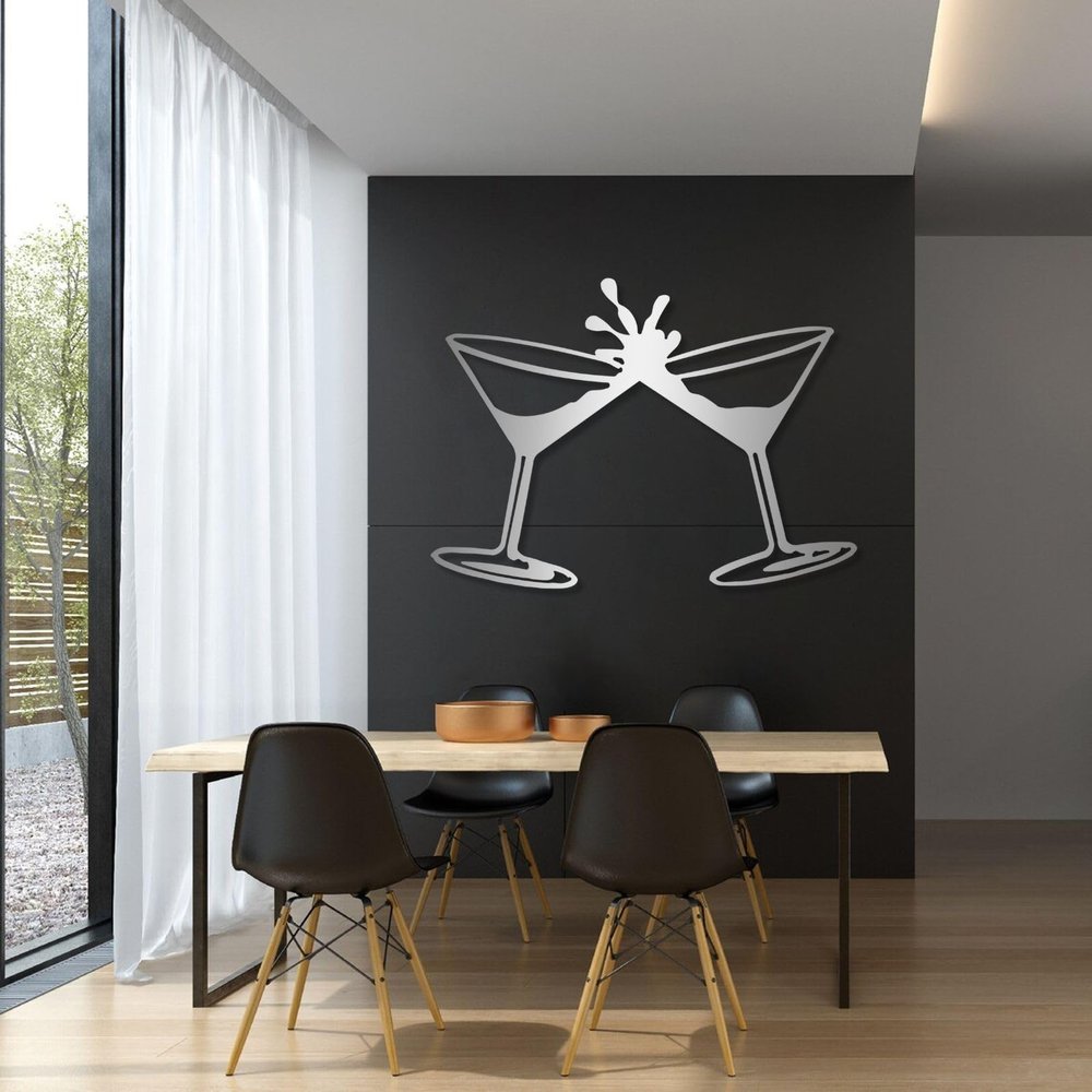 Wine Glass Wall Art, Martini Glasses, Wine Glass Metal Wall Decor, Metal Wall Art, Metal Wine Wall Art, Wine Wall Decor, Wine Themed Metal Wall Art, Bar Wall Decor, Wall Hanging (30"x22" | 76x55.5 cm, Silver)