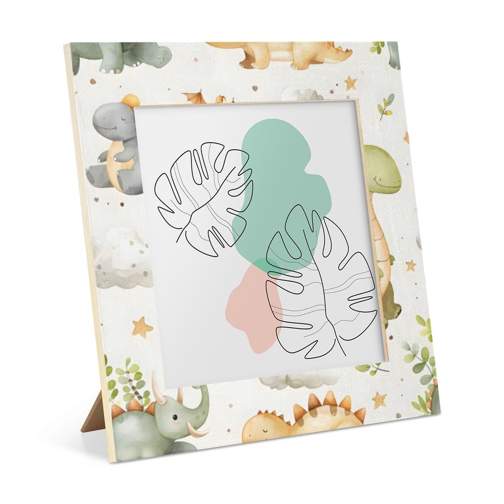 Mintoprints Funny Dinosaur 5x5 Picture Frame, Cute Dino Cartoon Animals Square Wood Photo Frame for Table Top Display and Wall Mounting 5x5 Display Picture