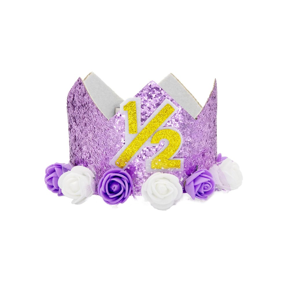 Pai Sence Purple Half Birthday Hats Glitter Crown Hats with 1/2 Number Birthday Crown Hat with Flowers