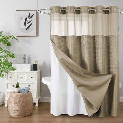 Colorful Star No Hook Waffle Shower Curtain with Snap in Fabric, Waterproof Shower Curtains with See Through Top Window, Hotel Luxury Heavy Duty Bathroom Curtain and Liner Set, 72'' x 75'', Beige