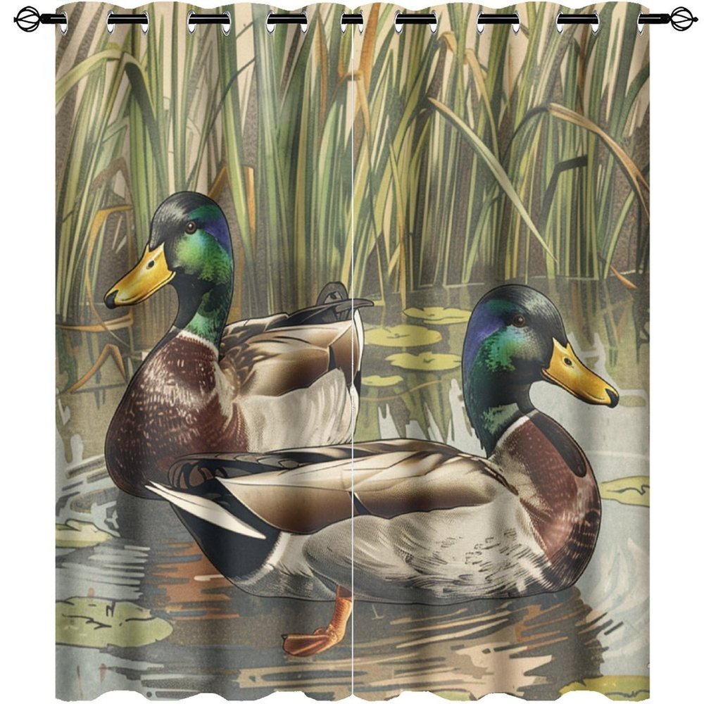 HDESDIS Mallard Duck Blackout Curtains for Bedroom Living Room, Country Field Pond Wild Animal Thermal Insulated Curtains Window Drapes with Grommet, 2 Panels, Each 21" W x 45" L