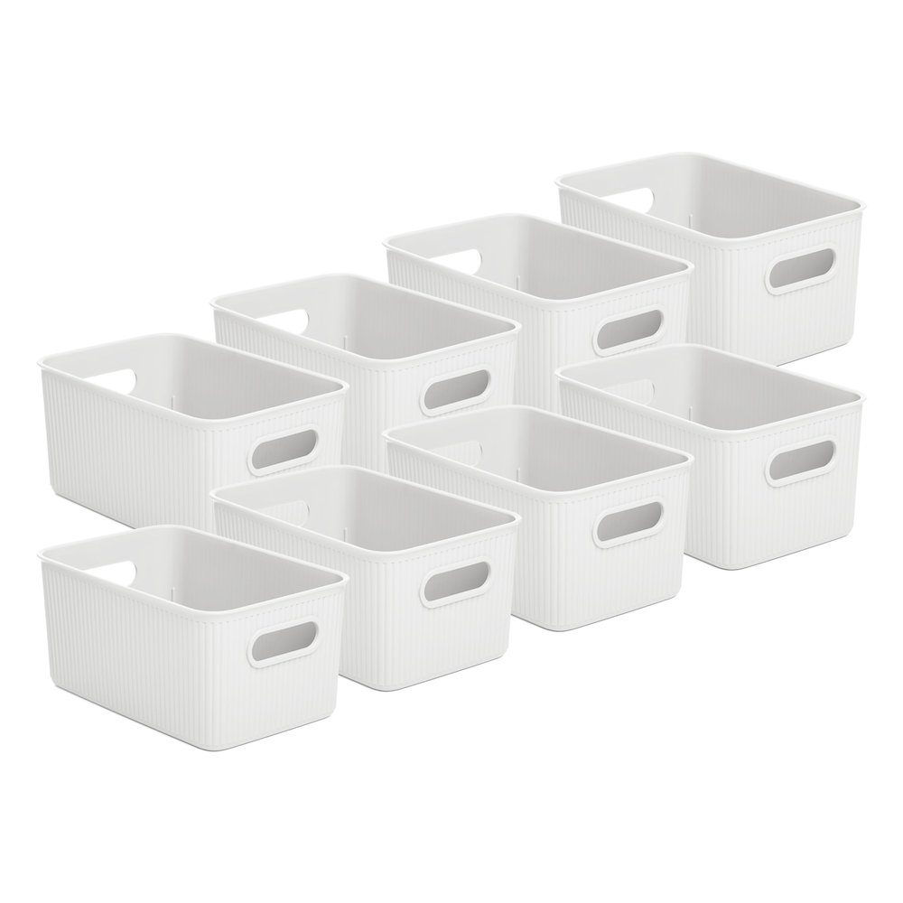 Superio Decorative Plastic Basket Open Home Storage Bins Organizer Baskets, Medium, White (8 Pack) Container Boxes for Organizing Closet Storage Bins for Shelves Drawer Shelf, 5 Liter