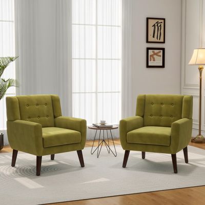 Accent Chair, Mid-Century Modern Velvet Fabric Chairs with Arms for Living Room, Comfy Upholstered Club Single Sofa Armchair for Bedroom Waiting Room with Solid Wood Frame (Velvet Green, Set of 2)
