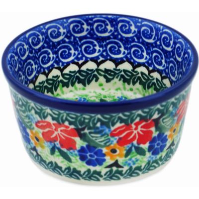 Polmedia Polish Pottery Ramekin Bowl 4-inch UNIKAT - Pansy Twins Pattern Handmade in Boleslawiec Poland by Ceramika Artystyczna + Certificate of Authenticity