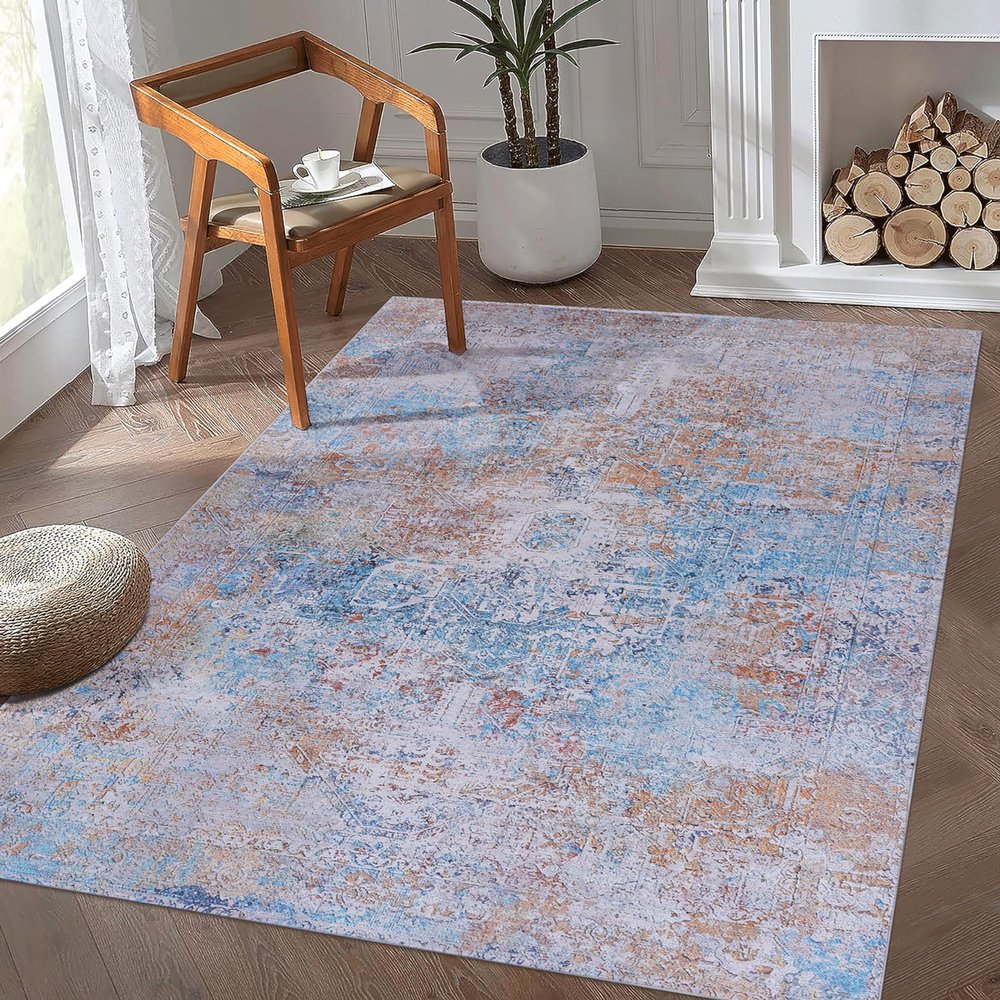 NAAR Area Rugs 6X9, Washable Rug, Low-Pile, Non-Slip, Non-Shedding, Foldable, Kid & Pet Friendly - Area Rugs for Living Room, Bedroom, Kitchen, Dining Room Rug, (Yellow/Cream, 6' X 9')