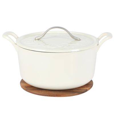 Bloomhouse - Two Time Oprah's Favorite Things Winner - 7 Qt Cast Iron Dutch Oven W/Embossed Lid, European Enamel, & Walnut Wood Trivet - Oat White