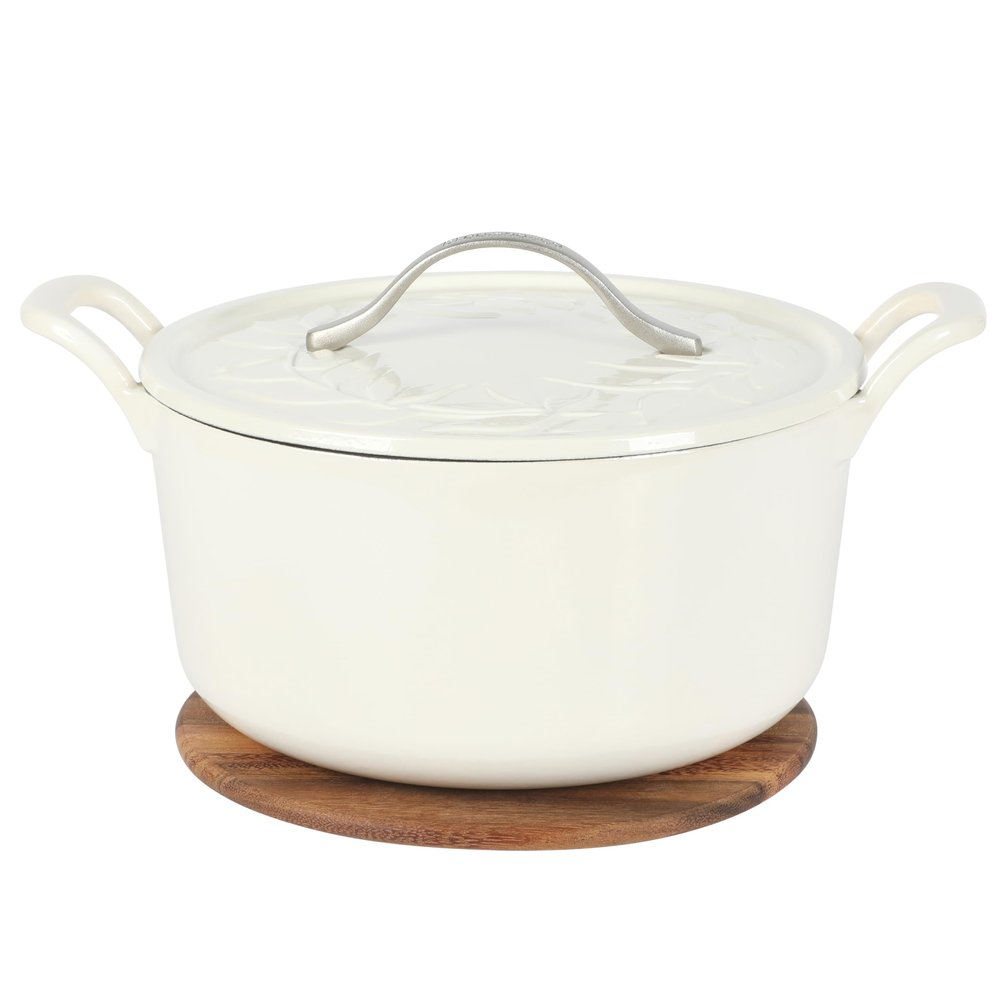Bloomhouse - Two Time Oprah's Favorite Things Winner - 7 Qt Cast Iron Dutch Oven W/Embossed Lid, European Enamel, & Walnut Wood Trivet - Oat White