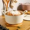 Bloomhouse - Two Time Oprah's Favorite Things Winner - 7 Qt Cast Iron Dutch Oven W/Embossed Lid, European Enamel, & Walnut Wood Trivet - Oat White view 2