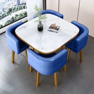 SUZEPER Round Faux Marble Dining Table Set with 4 Chairs,5 Piece Dining Table Set,Modern Kitchen Table,Wooden Table with Faux Marble Tabletop & Upholstered Chairs,Conference Table Reception Table