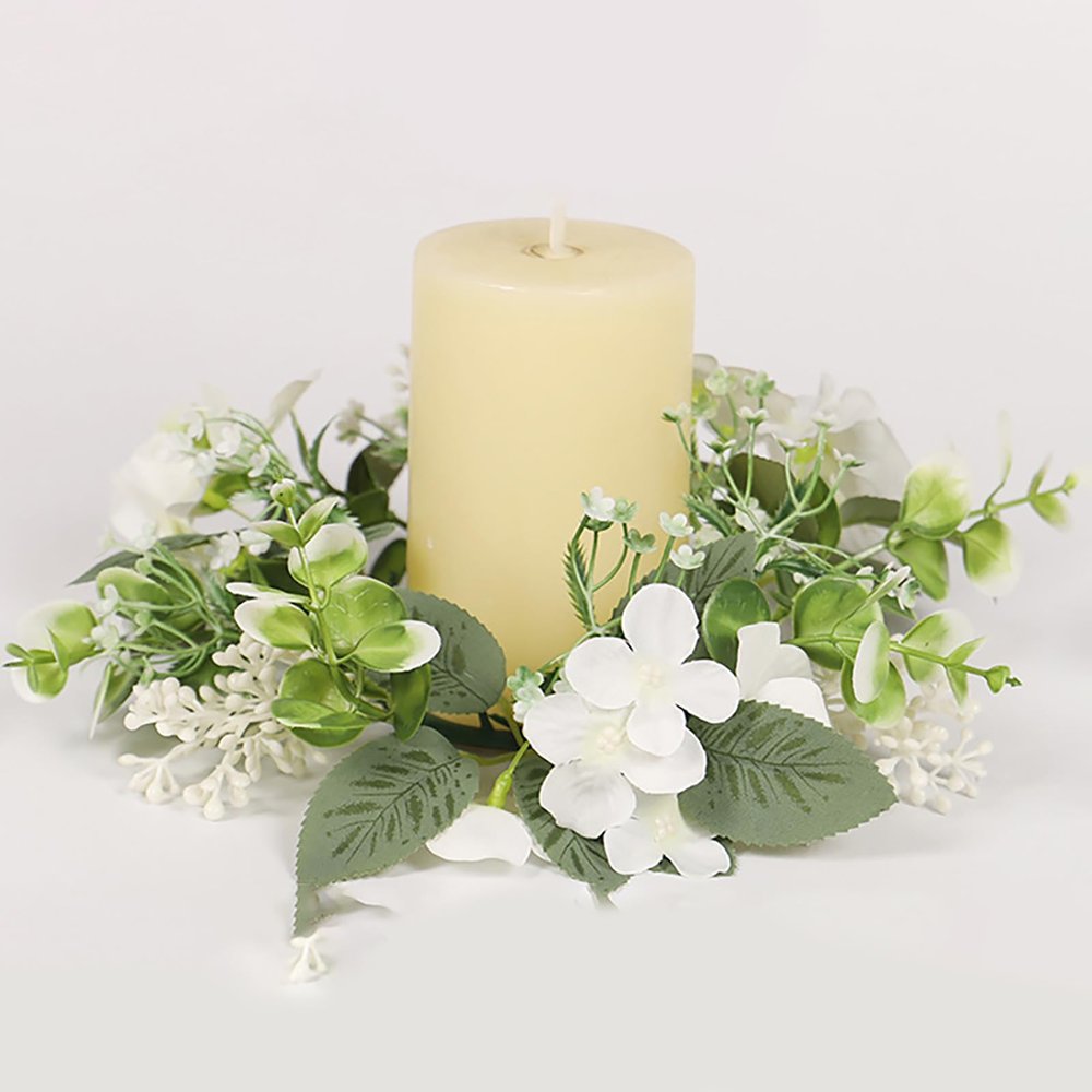 HELLORSO Artificial Hydrangea Candle Rings Wreaths,Summer Floral Candle Ring,Pillar Candle Holder Rings,Flower Candle Rings Wreath for Wedding Party Spring Home Table Centerpieces (White)