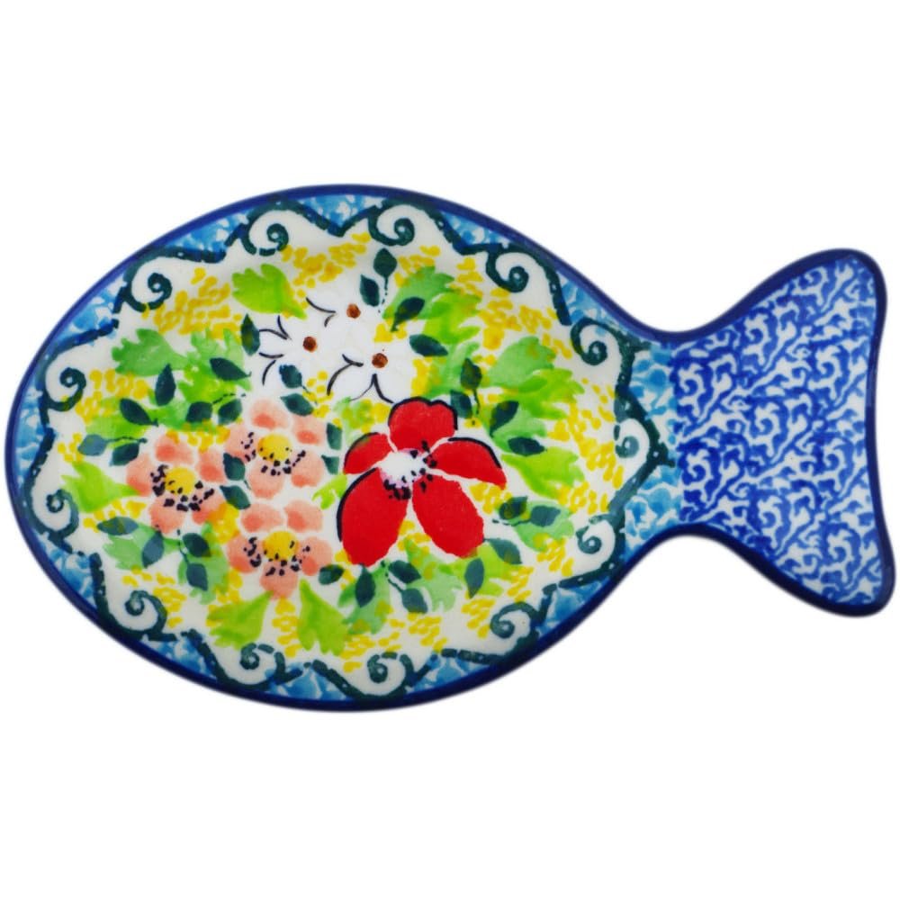Polmedia Polish Pottery Tea Bag or Lemon Plate UNIKAT - Petal Dance Pattern Handmade in Boleslawiec Poland by Ceramika Artystyczna + Certificate of Authenticity