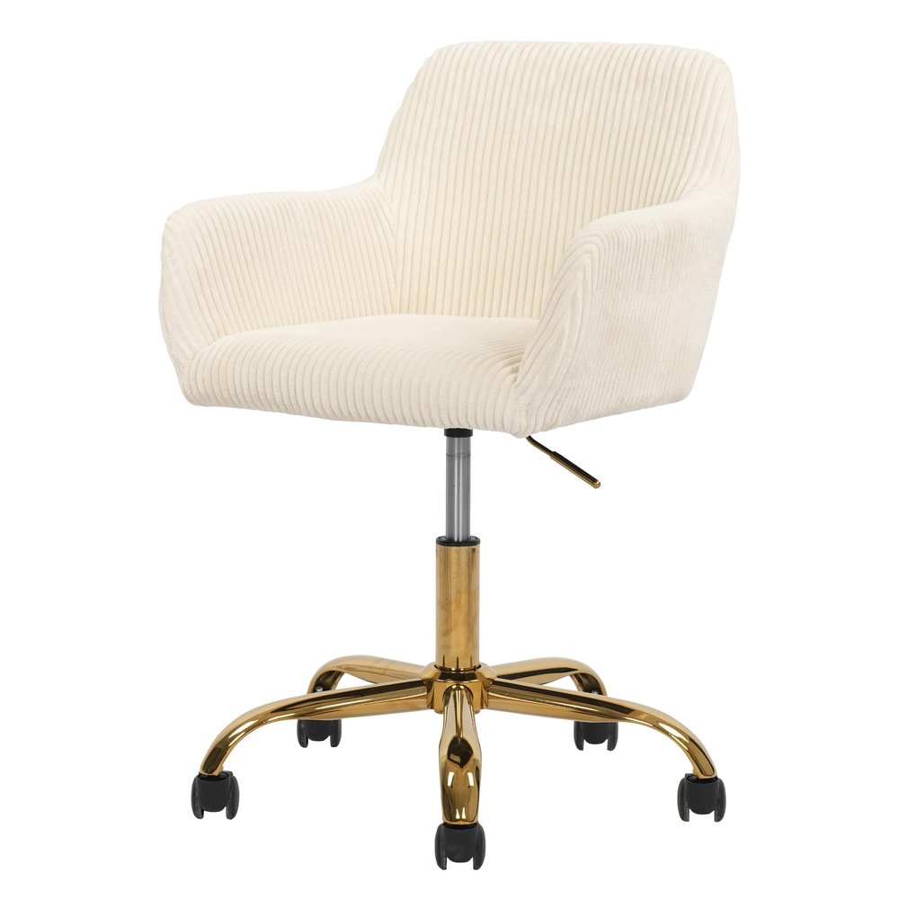 Homedraft Faux Fur 360Swivel Desk Chair, Height Adjustable Home Office Armchair with Golden Base for Teens Women Girls, Upholstery Computer Chair for Home Studios, Corduroy & Beige