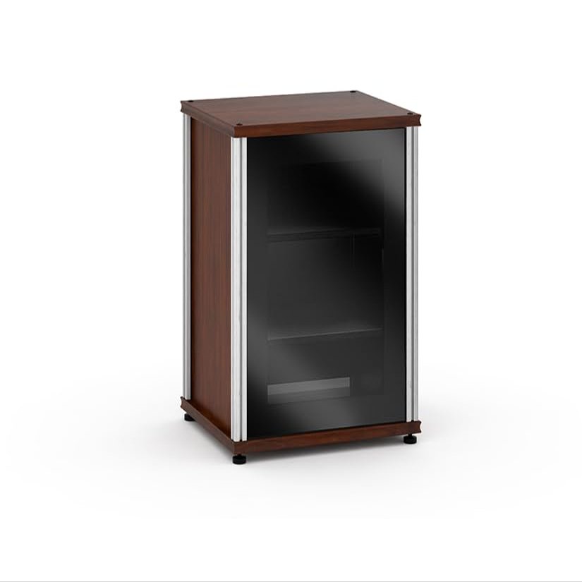 Salamander Designs Synergy Model 303, Single-Width AV Cabinet, Dark Walnut/Black Glass with Aluminum Posts