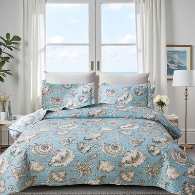 Coastal Quilt Set Full/Queen Size Ocean Themed Bedding Summer Beach Quilts Set Lightweight Reversible Bedspread Coverlets Seashell Starfish Seaweed Bed Spread Soft Home Bed Cover with 2 Pillow Shams