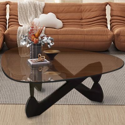 SUZEPER Coffee Tables for Living Room-Triangle Glass Coffee Table with Irregular Wooden Base End Table,Mid-Century Modern Abstract End Table,for Study Room Office Hotel Balcony(32.3in, Black-Brown)