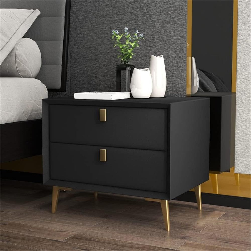 SUZEPER Solid Wood Nightstand with 2 Drawer Bedside Table,Modern Leather Side Table,with Sliding Drawer Metal Legs End Table,Mid Century Bed Side Table,for Bedroom Living Room Cabinet End Side Table