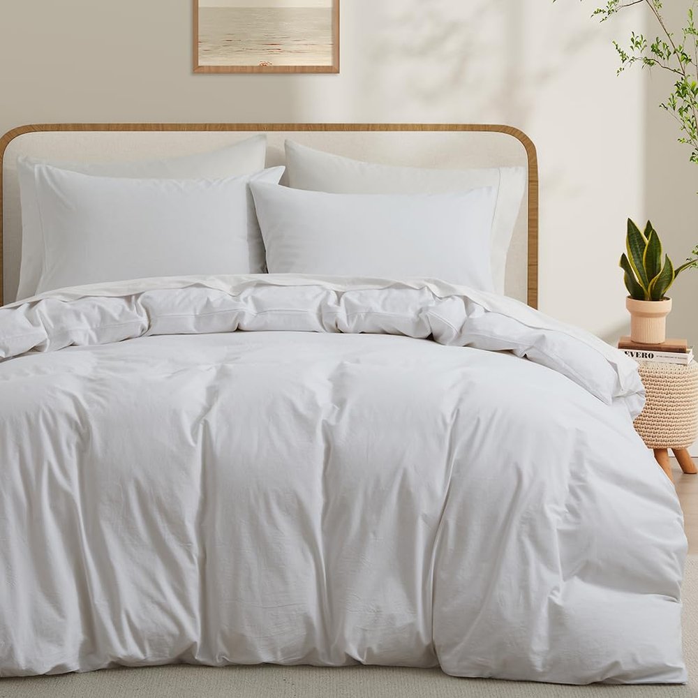 100% Washed Cotton Duvet Cover Set, Linen Like Natural Bedding Set with Zipper Closure (No Comforter), 104x98 Inches, Cal King, White