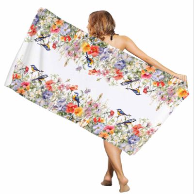 EwdeWwo Spring Floral Microfiber Beach Towel, Flowers Bird Watercolor Style 31" x 63" Bath Towel Quick Dry Sand Free Travel Pool Towels for Beach Chair, Sun-Bath, Camping, Vacation