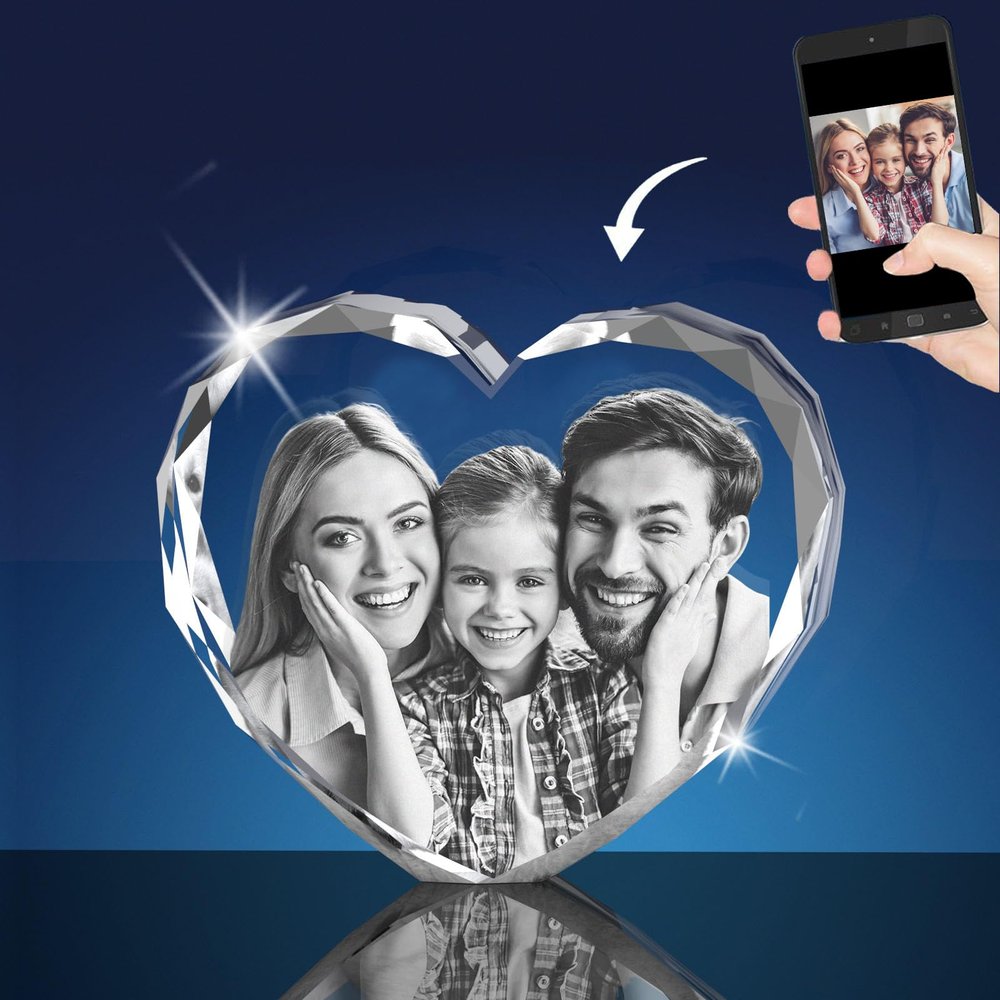 3D Crystal Photo Birthday Gifts for Dad, Personalized Gifts for Fathers Day With Your Picture, Custom Heart Engraved Crystal, 3D Laser Etched Pictures for Wedding, Engagements, Memorial, Anniversary