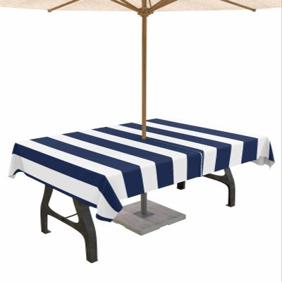 Lsrtoss Navy Blue Striped Outdoor Tablecloth with Umbrella Hole & Zipper, Farmhouse Rectangle Tablecloth 60x102 Inch, Modern Blue White Stripes Patio Table Cover Waterproof Table Cloth for Picnic