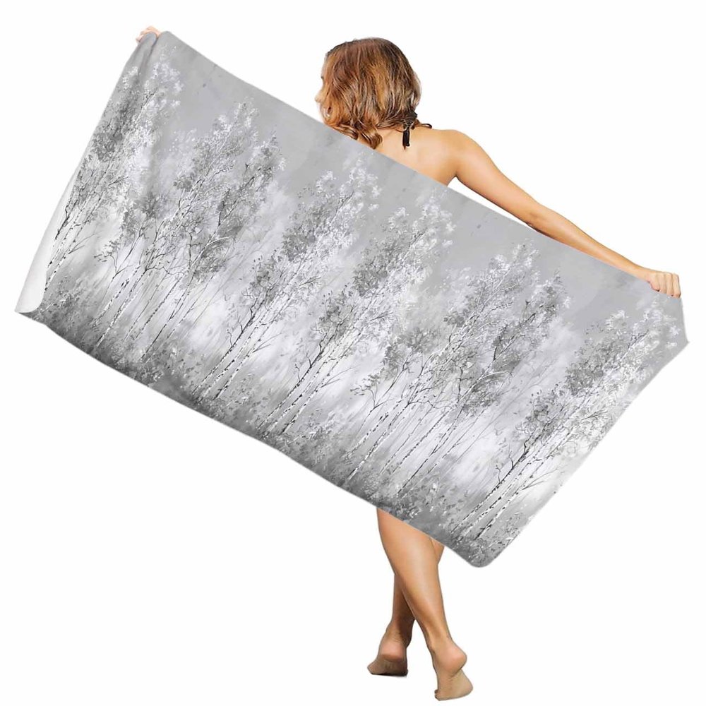 EwdeWwo Tree Microfiber Beach Towel, Modern Art Gray Oil Painting Style Forest 31" x 63" Bath Towel Quick Dry Sand Free Travel Pool Towels for Beach Chair, Sun-Bath, Camping, Vacation