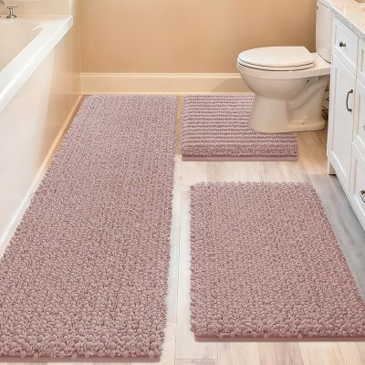 ACCUMTEK Upgrade Extra Large Dusty Pink Bathroom Rug Set 3 Pieces Ultra Soft, Thick Absorbent Bath Mats, Non Slip Chenille Toilet Mat for Bathroom, Bedroom, Kitchen