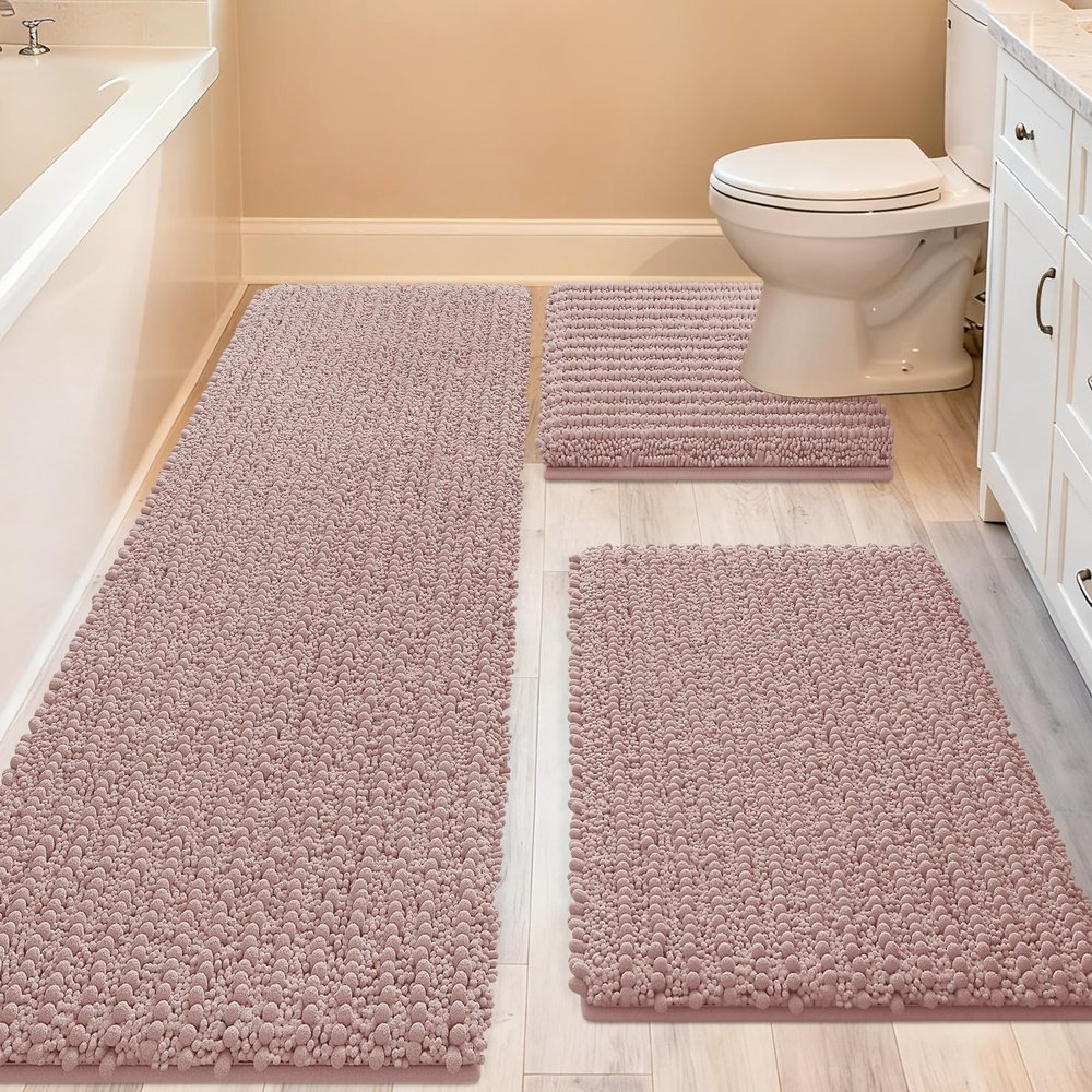 ACCUMTEK Upgrade Extra Large Dusty Pink Bathroom Rug Set 3 Pieces Ultra Soft, Thick Absorbent Bath Mats, Non Slip Chenille Toilet Mat for Bathroom, Bedroom, Kitchen