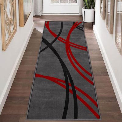 LHOMKCV Wavy Lines Runner Rug, 2.6x10ft, Black, Red and Gray Swirl Circle Geometric Print Hallway Rugs, Modern Contemporary Neutral Throw Carpet, Soft Non-Slip Thin Floor Mat for Entry Laundry Kitchen