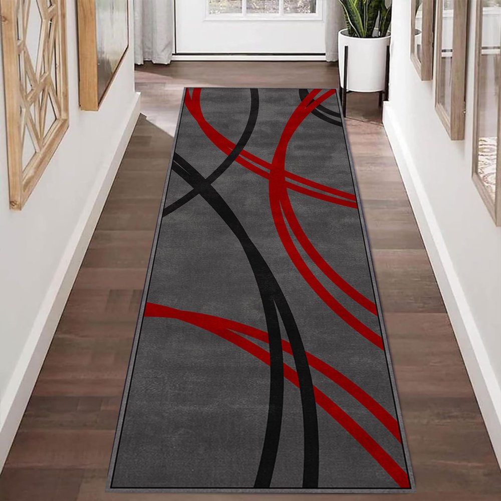 LHOMKCV Wavy Lines Runner Rug, 2.6x10ft, Black, Red and Gray Swirl Circle Geometric Print Hallway Rugs, Modern Contemporary Neutral Throw Carpet, Soft Non-Slip Thin Floor Mat for Entry Laundry Kitchen