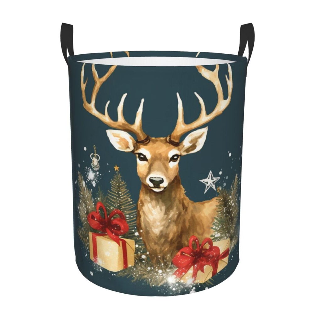 Xmas Gift Deer Laundry Hamper Waterproof Laundry Basket Waterproof Circular Dirty Clothes Hamper with Handle Collapsible Washing Bin Storage Basket for Clothes and Toys