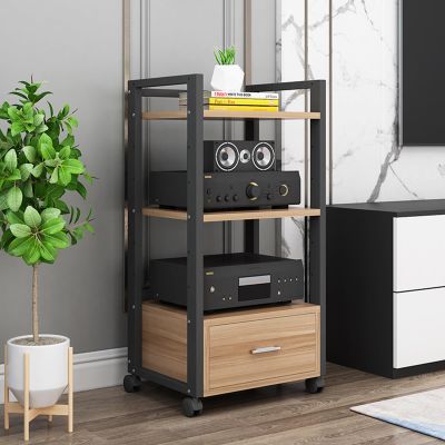 YVYKFZD AV Media Stand with Drawer, Movable Audio Rack, 3/4/5-Tier Stereo Cabinet with Adjustable Shelves, Multi-Function Open Media Storage Cabinet(Color:Wood Color b,Size:3 tiers-H100cm/39.3")